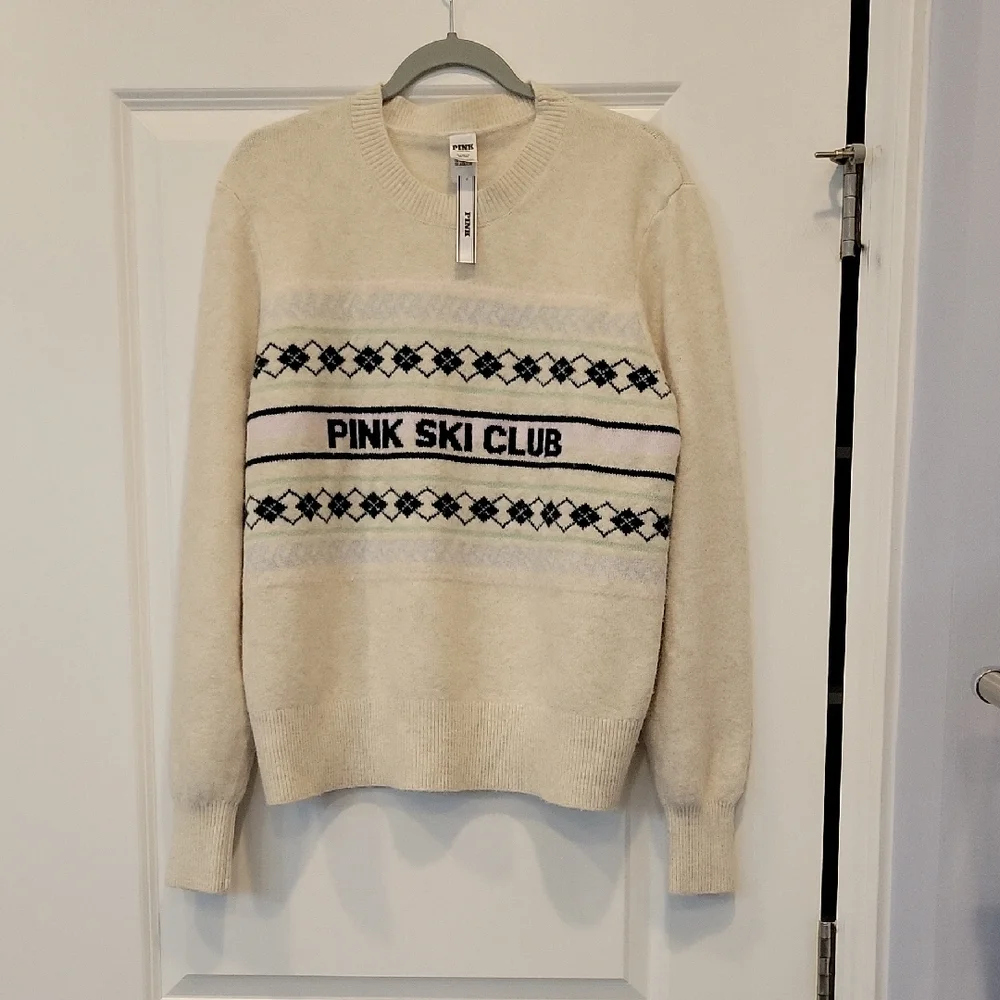 PINK Victoria's Secret Ski Club Collegiate Ivory Knit Crewneck Sweater XL NWT